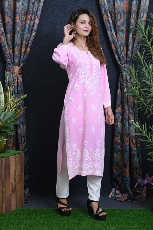 MIZFA CHIKAN Traditional Hand Embroidery Rayon Kurti Ready To Wear Chikankari